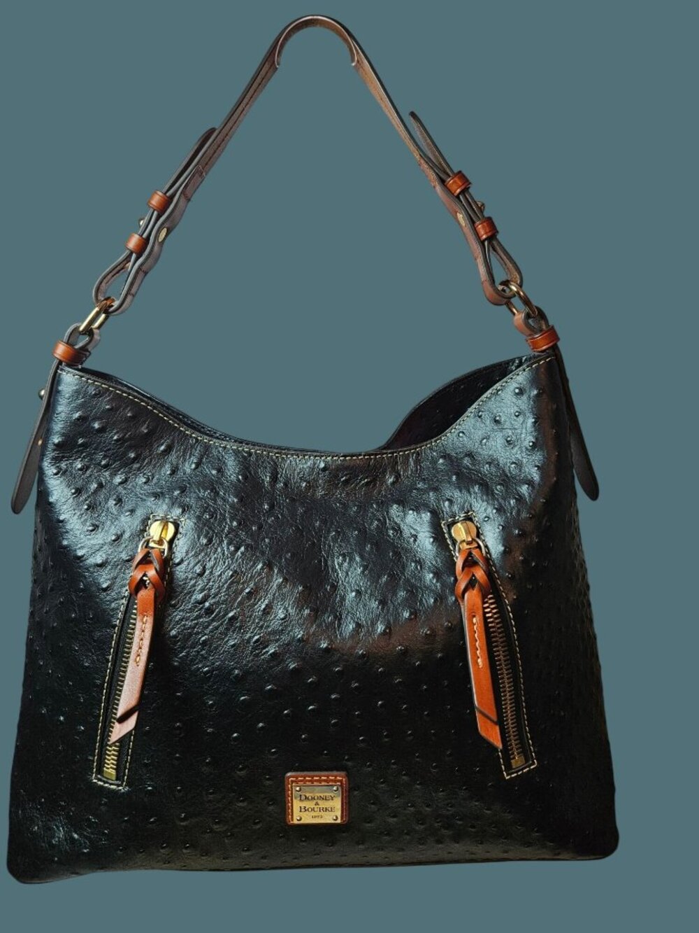 Dooney & Bourke Leather Embossed Ostrich Cooper Hobo Black Shoulder Bag - Picture 2 of 16
